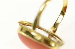 18K Yellow Gold Victorian Red Coral Cabochon Statement Ring
