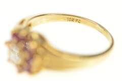 10K Yellow Gold Diamond Ruby Halo Round Flower Cluster Ring