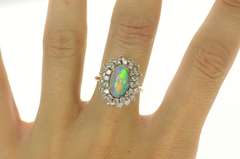 14K Yellow Gold 1940's Natural Opal 1.92 Ctw Diamond Halo Ring