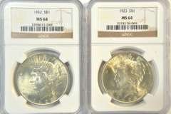Near Gem BU 1922 & 1923 Peace Silver Dollars. NGC MS64