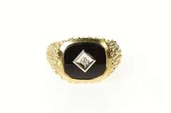 10K Yellow Gold Retro Textured Men's Black Onyx Diamond Ring