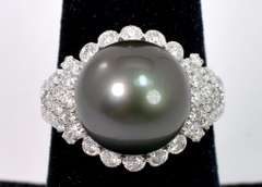Bold Tahitian Pearl Set in 18K White Gold Diamond Ring