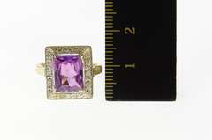 14K Yellow Gold Emerald Cut Syn. Amethyst Art Deco Etched Ring