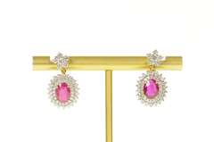 14K Yellow Gold 4.76 Ctw Natural Ruby Diamond Halo Dangle Earrings