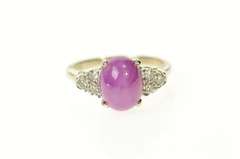 14K White Gold Retro Oval Syn. Star Ruby Diamond Accent Ring
