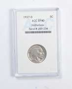 EF40 1937-D Indian Head Buffalo Nickel - Double Die Date - Graded ACC