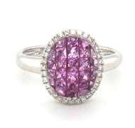 Enchanting 18k Stamped White Gold Pink Sapphire Cluster Ring surrounded by Gorgeous Diamonds