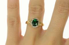 10K Yellow Gold Oval Syn. Emerald Diamond Halo Statement Ring