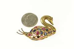 14K Yellow Gold Sapphire Ruby Encrusted Swan Statement Pin/Brooch