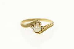 10K Yellow Gold Retro Pearl Diamond Three Stone Bypass Ring