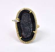 Fantastic Black Geode Formation & CZ Set in Yellow Gold Plated Sterling Silver Ring