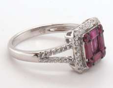 Brilliant 18k Stamped White Gold Square Cluster Ruby Ring with Sparkling Diamonds