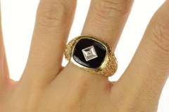10K Yellow Gold Retro Textured Men's Black Onyx Diamond Ring
