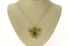 14K Yellow Gold Victorian Chrysoprase Seed Pearl Scroll Pendant/Pin