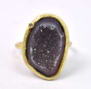 Glamorous Geode Formation Set in Yellow Gold Plated Sterling Silver Ring with Diamond Accent