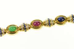 18K Yellow Gold Oval Sapphire Diamond Emerald Statement Bracelet
