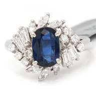 Remarkable White Gold Blue Sapphire w Mixed Cuts around Diamond Ring
