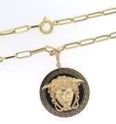 Handmade Italian 14k Gold Cable Chain Necklace with Onyx Greek Pendant with Head of Hermes