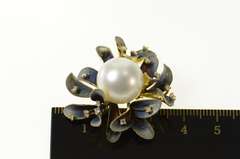 18K Yellow Gold JY Designer Pearl Enamel Diamond Flower Pendant