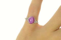 14K White Gold Retro Oval Syn. Star Ruby Diamond Accent Ring