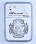 MS64 1884-CC Morgan Silver Dollar - Graded NGC
