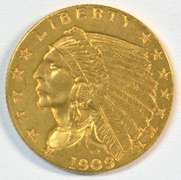 Lovely BU 1909 US $2.50 Indian Gold Piece. Pretty