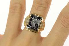 10K Yellow Gold Carved Hematite Intaglio Soldier Men's Retro Ring