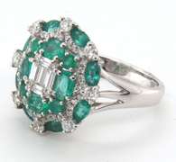 Intricate 18k Stamped White Gold Emerald and Diamond Ring