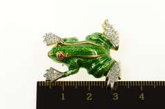 18K Yellow Gold 0.56 Ctw Diamond Ruby Eye Green Enamel Frog Pin/Brooch