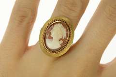 14K Yellow Gold Retro Ornate Carved Shell Cameo Statement Ring