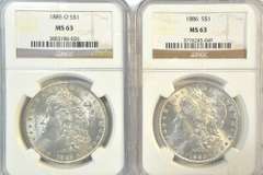 Choice BU 1885-O & 1886 Morgan Silver Dollars. NGC MS63