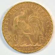 Gem BU 1909 France 20 Francs Gold 'Rooster' coin