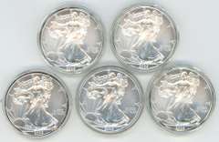 5 Superb Gem BU 2009 $1 Silver Eagles in custom capsules