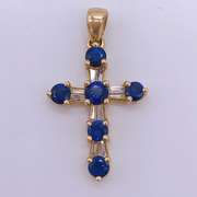 14kt Gold, Blue Sapphire, & Diamond Cross Pendant