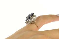 14K Yellow Gold Retro Ornate Sapphire Diamond Petal Halo Ring