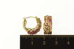 14K Yellow Gold Squared Natural Ruby Filigree Statement Hoop Earrings