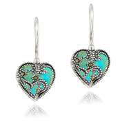 Sterling Silver Created Turquoise & Marcasite Heart Drop Earrings