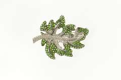 18K White Gold 9.55 Ctw Pave Tsavorite Garnet Diamond Leaf Pin/Brooch