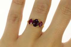 14K Yellow Gold Oval Garnet Natural Ruby Accent Three Stone Ring