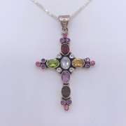 Sterling Silver & Gemstone Cross Pendant Necklace