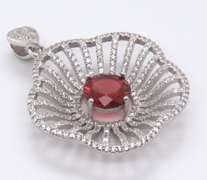 Voluminous Floral Sterling Silver Pendant with Red Core and Cubic Zirconias