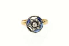 14K Yellow Gold Edwardian Syn. Sapphire Diamond Round Ring