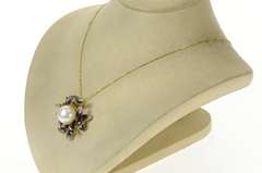 18K Yellow Gold JY Designer Pearl Enamel Diamond Flower Pendant
