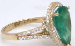 Glowing Yellow Gold Pear Cut Emerald w PAve Halo Ring w Split Shank Diamonds