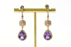 14K Rose Gold 9.60 Ctw Pear Amethyst Diamond Ornate Dangle Earrings