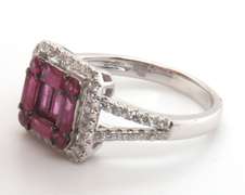 Brilliant 18k Stamped White Gold Square Cluster Ruby Ring with Sparkling Diamonds