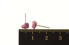 10K Yellow Gold Pave Pink Rhinestone Enamel Puffy Heart Earrings