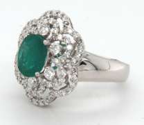 Authentic 18k Stamped White Gold Emerald and Diamond Floral Ring