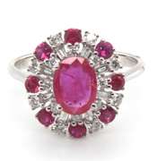 Incredibly Pure 18k Stamped White Gold Ruby Halo Ring with Diamonds