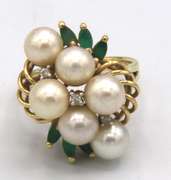 LADIES 14 KT PEARL EMERALD AND DIAMOND RING